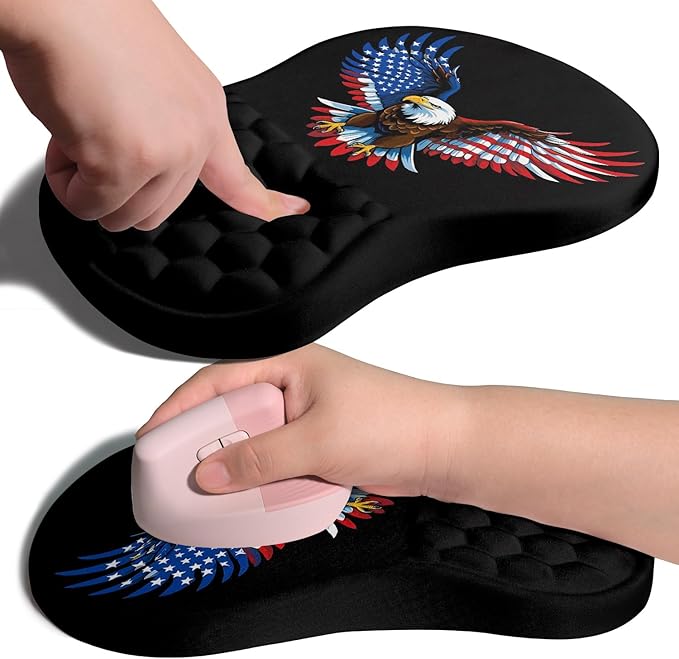 Ergonomic Joint Wrist Support Mouse Pad with Memory Foam Cushion Massage Bump, Carpal Tunnel Pain Relief Mousepad Slope Design for Wrist Rest, 11.8x7.9 in, Eagle Flag
