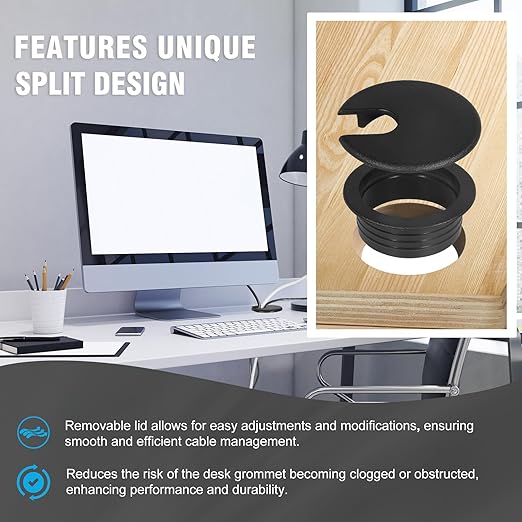 1-1/2" Black Desk Grommet with Bi-Metal Hole Saw, JTemgle Plastic Cable Hole Cover Computer Table Cord Wire Organizer Caps, Desktop Cord Management for Home Office TV Stands Tabletops, 7 Pieces