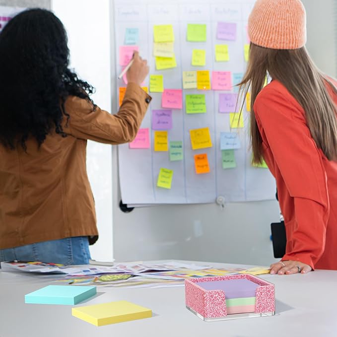 Sticky Note Holder, Glitter Pink Acrylic Notepad Holder 3x3 in Self-Stick Note Dispenser Office Desk Accessories, Memo Pad Holder Organizer for Classroom School Supplies