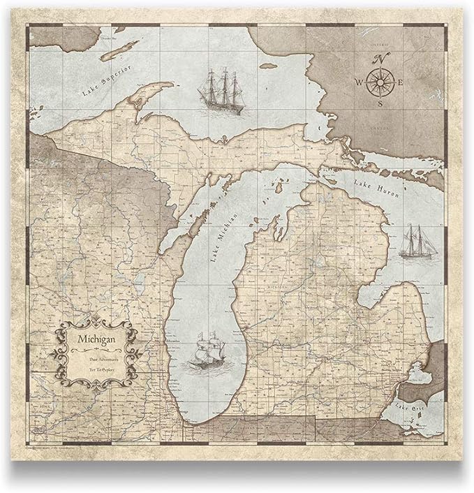 Push Pin Michigan Map Board - With Push Pins to Mark Michigan Travel - Handmade in Ohio, USA - Design: Rustic Vintage
