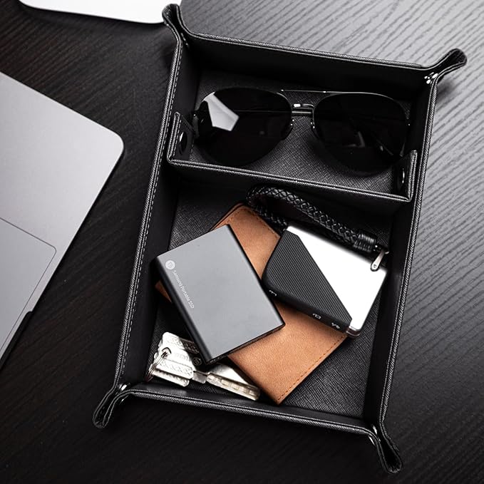 BONNY DODO Valet Tray for Men PU Leather Tray Organizer with Partition, Storage Keys, Watch & Practical Storage for Table Nightstand Living Room Bedroom (Black)