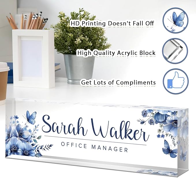 Desk Name Plate Personalized, Custom Name Plates for Desks, Office Desk Decor, Flowers Clear Acrylic Glass Block, Personalized Office Gifts for Women Men Boss Teachers Coworkers Appreciation Gifts