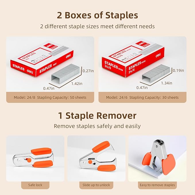 Deli Effortless Desktop Stapler, Heavy Duty Stapler, 40-50 Sheet Capacity, One Finger, No Effort, Includes 1500 Staples & Staple Remover, Orange