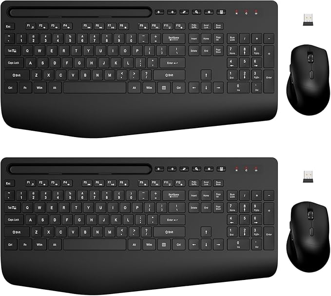 Wireless Keyboard and Mouse Combo - Full-Sized Ergonomic Design with Cushioned Wrist Rest, Built-in Phone Stand, Quiet 2.4GHz USB Connectivity for PC, Laptop - Trueque (Black, 2 Pack)