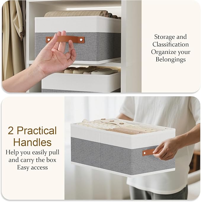 Clothing Storage Boxes, Drawer Organizers with Handles, Cube Organizer Bin for Organizing, 13 × 9.1 × 5.5 Inch, White and Grey, 6-Pack