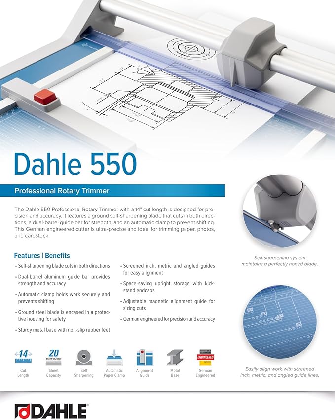 Dahle 550 Professional Rotary Trimmer, 14" Cut Length, 20 Sheet Capacity, Self-Sharpening, Dual Guide Bar, Automatic Clamp, German Engineered Paper Cutter