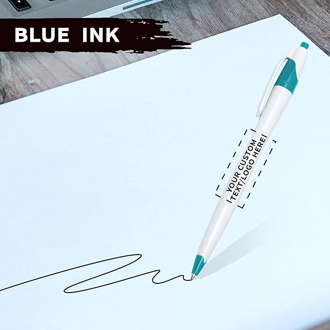 DISCOUNT PROMOS Custom Slim Curvy Ballpoint Pens Set of 10, Personalized Bulk Pack - Black Ink, Retractable, Great for Office, School, Tradeshows - Teal