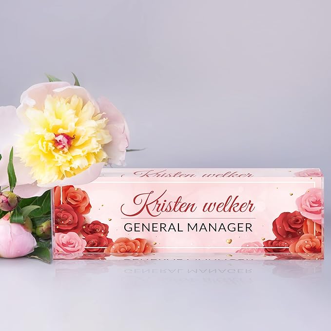 Personalized Acrylic Desk Name Plate Custom Employee Appreciation Gifts Office Gifts for Women, Men, Boss, Coworkers, Teacher, Nurse (Red Rose)
