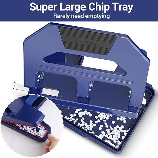 AFMAT 3 Hole Puncher Heavy Duty, 40-Sheet Heavy Duty Three Hole Punch, 50% Reduced Effort Paper Punch, 10K+ Uses, Metal Hole Puncher 3 Ring w/Large Tray, Bulit-in S.S. Paper Guide, Blue