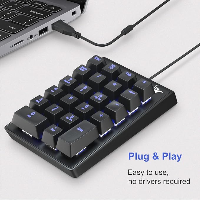 Rottay Number Pad, Mechanical USB Wired Numeric Keypad with Blue LED Backlit 22 Key Numpad for Laptop Desktop Computer PC Black (Blue switches)