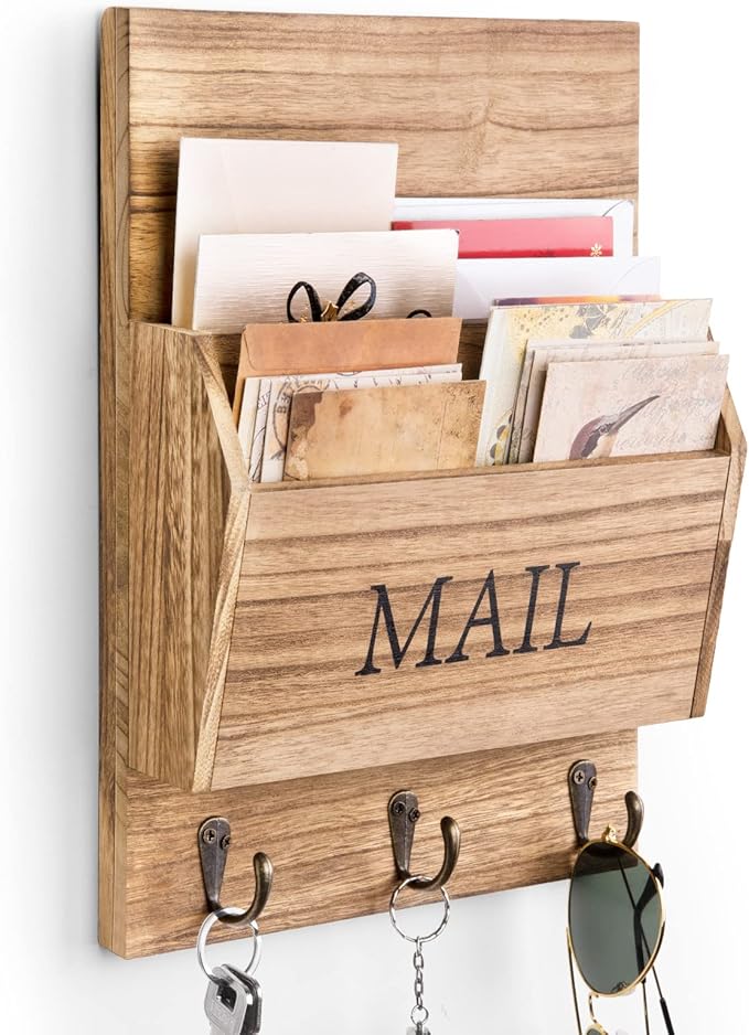 DLQuarts Mail Organizer with Key Holder for Wall Decorative Mail Sorter Wall Mounted, Wooden Mail Holder with 3 Hooks, Carbonized Brown