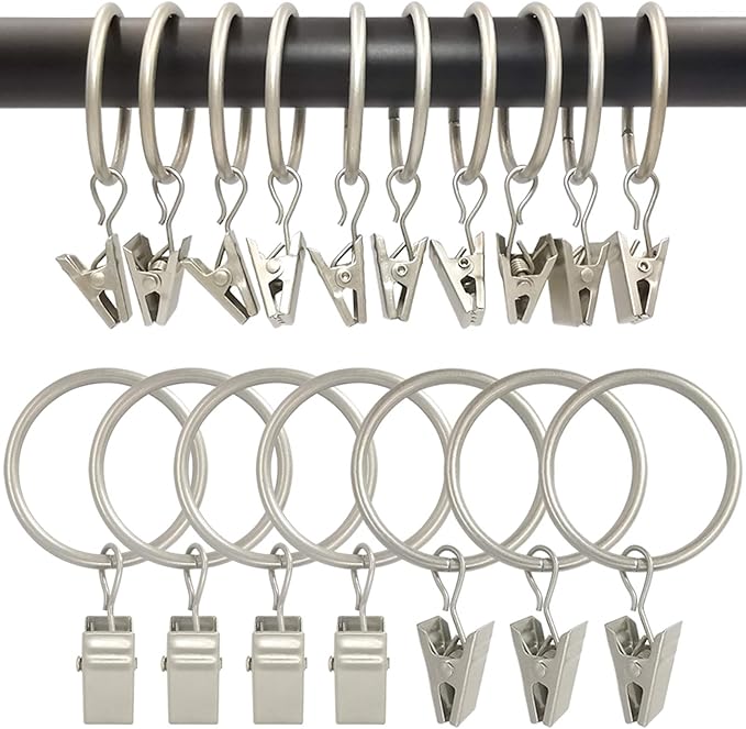 AMZSEVEN 100 Pack Curtain Rings with Clips, Drapery Clip with Rings, Drapes Rings 1.26 in Interior Diameter, Fits up to 1 in Curtain Rod, Matte Silver