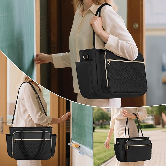 LUXJA Teacher Tote Bag with Accordion File Pocket, Teacher Bag for Women with 15.6 Inch Laptop Compartment, Black