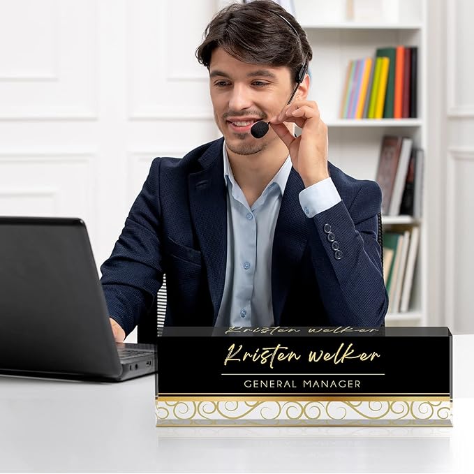 Custom Name Plate for Desk, Desk Name Plate Personalized, Office Decor for Women Men, Acrylic Desktop Accessories, Office Gifts for Coworkers Boss Teacher, Employee Appreciation Gifts (Black/Gold)