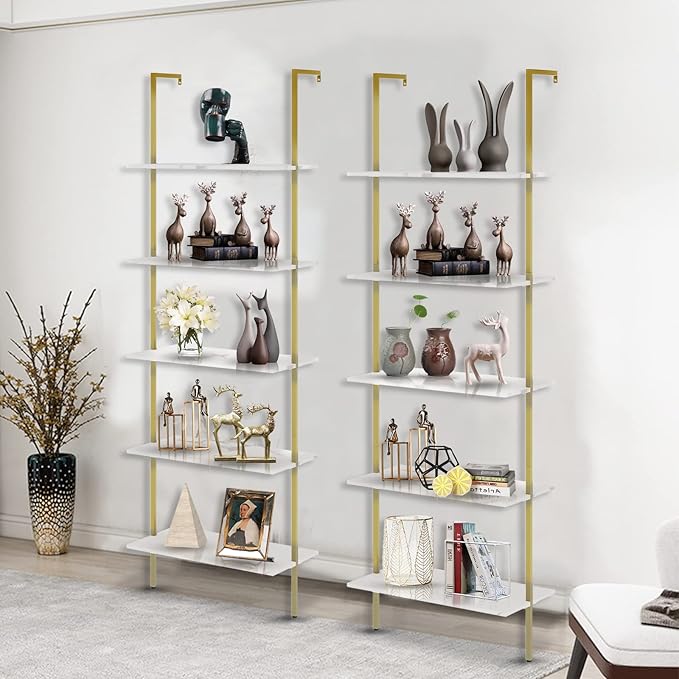 aboxoo Ladder Shelf White Marble Bookshelf 5-Tier Wall-Mounted Wood Rack Industrial Modern Plant Flower Stand Utility Organizer Open Bookcase Metal Frame Furniture Office Kitchen Bedroom