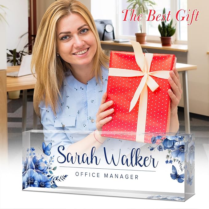 Desk Name Plate Personalized, Custom Name Plates for Desks, Office Desk Decor, Flowers Clear Acrylic Glass Block, Personalized Office Gifts for Women Men Boss Teachers Coworkers Appreciation Gifts