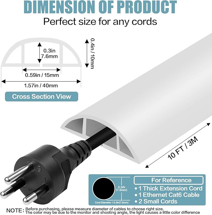 Floor Cord Cover Self Adhesive Cord Hider,10FT Cable Management, Extension Strip Protector for Wires, Prevent Cable Trips for Offices, Gyms, Exhibitions Cavity:0.51"(W) x 0.3"(H) White