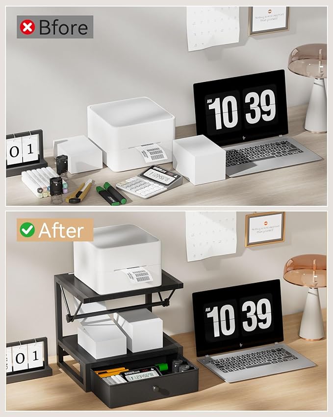 IBUYKE Label Holder for Rolls and Fan-Fold Labels,Wooden Thermal Shipping Label Stand With Drawer Desktop Printer Holder for Home, Office, Small Business,Black TPS003B