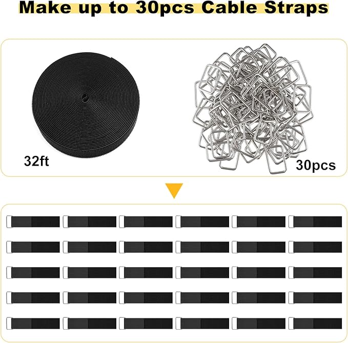 1.5"x32ft Hook and Loop Straps with 30 Metal Buckles, Adjustable Fastening Cable Straps, Cut-to-Length Cinch Strap, Reusable Nylon Securing Cord Ties for Organizer or Storage, Black