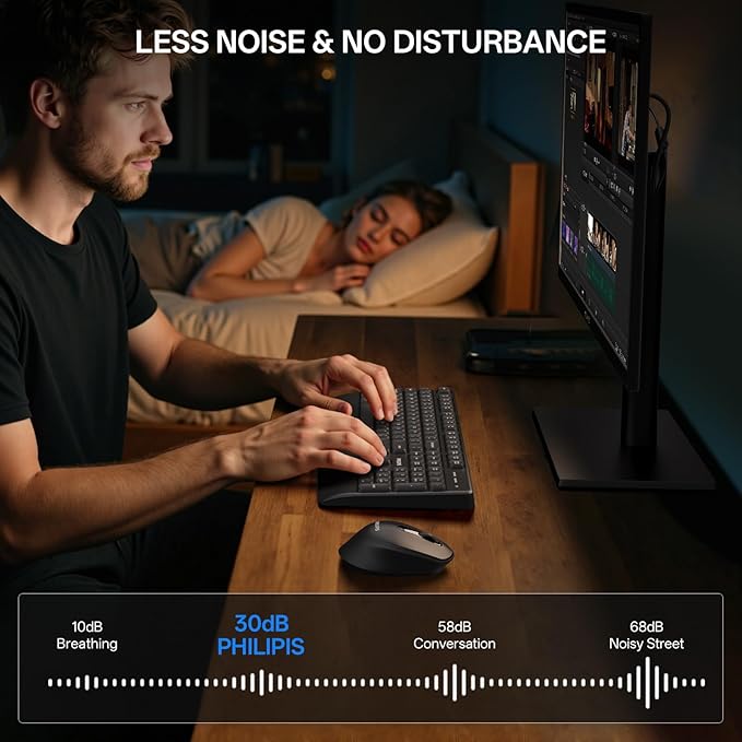 PHILIPS Wireless Keyboard and Mouse Combo-Ergonomic Keyboard and Mouse Wireless Combo with Silent Design,Plug n' Play,Sleep Mode and 2.4GHz Keyboard for Mac, Windows, Laptop-Black