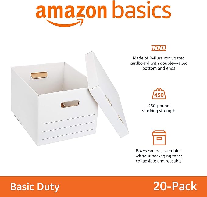 Amazon Basics Storage/Filing Boxes with Lift-Off Lid - Letter/Legal Size, Sturdy, Easy Assembly, White, 16.2" L x 12.5" W x 10.5" H, Pack of 20