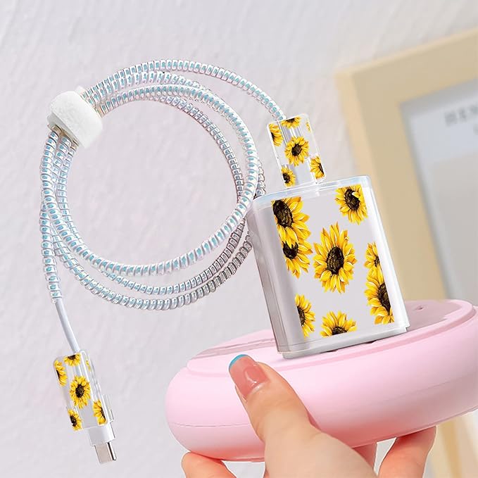 Cute Flowers DIY Protectors Cable Protector for iPhone Charger,Sunflower Pattern,Data Cable USB Charger Data Line Earphone Wire Saver for iPhone X 13 12 11 Pro Max