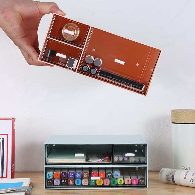 Desk Craft Organizer and Storage with 4 Mixed Drawers, Stackable Plastic Desktop Accessories & Workspace Organizer for Office Stationary, Makeup Skincare, Sanitation Supplies, Pink