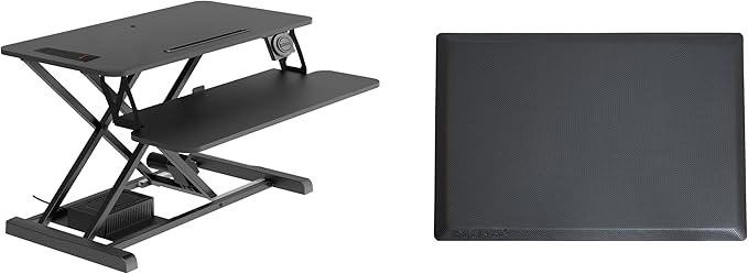 Rocelco 37.4" Electric Standing Desk Converter with Anti-Fatigue Floor Mat - AC USB Charger - Motorized Adjustable Sit Stand Up Computer Workstation Riser - Large Keyboard Tray - Black (R EDRB-MAFM)