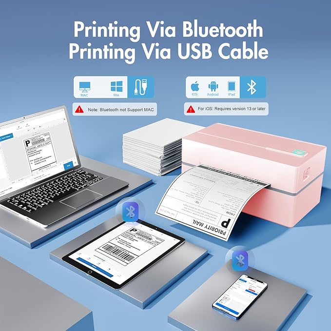 Bluetooth Thermal Shipping Label Printer: 4x6 Wireless Label Maker with Tape for Small Business - Compatible with iPhone, Android, Windows & Mac, Widely Used for USPS UPS Ebay Amazon Shopify, Pink