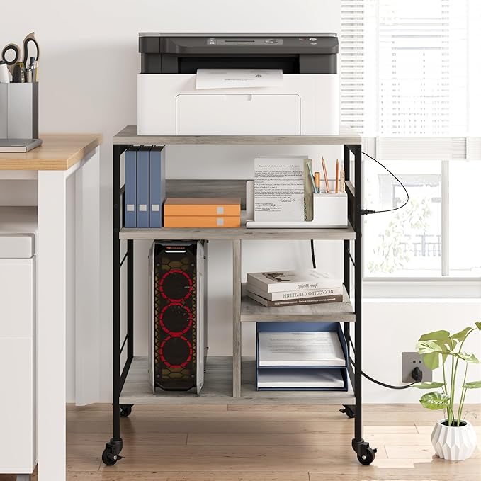 GarveeLife Printer Stand with Power Outlets, 4-Tier Rolling Printer Table with Lockable Wheels, Heavy Duty Printer Cart with Storage, Utility Storage Cart for Home, Office, Gray