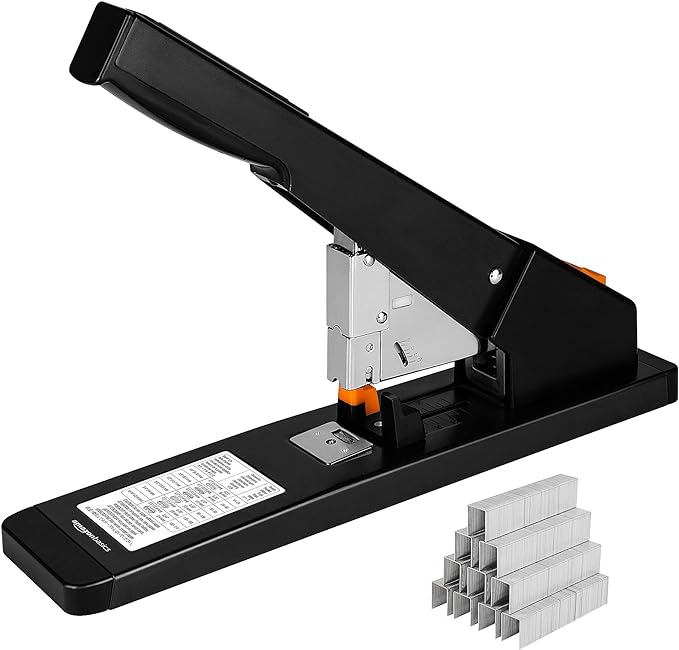 Amazon Basics Heavy Duty Industrial Office Stapler High Capacity, Long Arm, 1000 Staples, 210 Sheets, Black