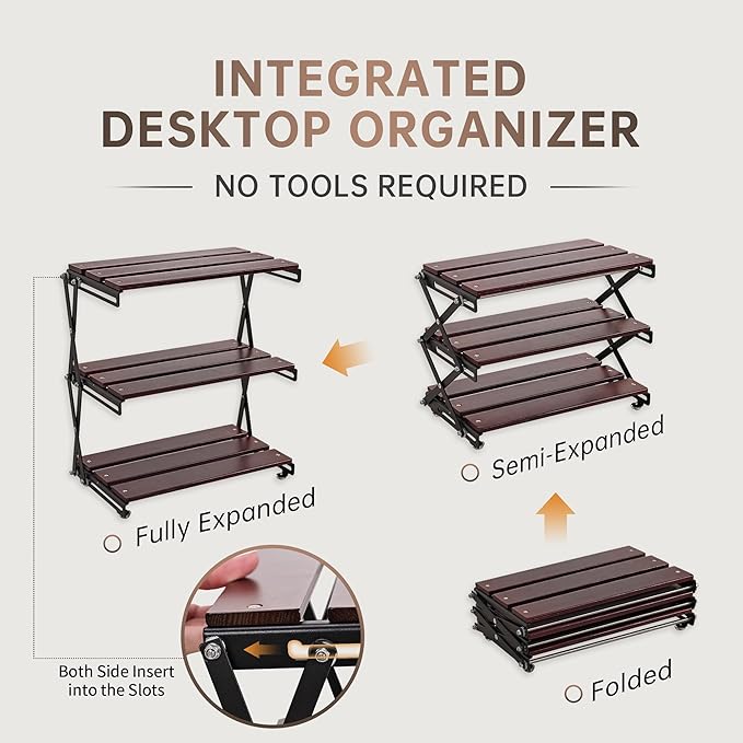 Desk Shelf Organizer 3 Tiers Wood Compact Desk Organizer Storage Rack Metal Frame Office Desk Shelf Organizers,Walnut