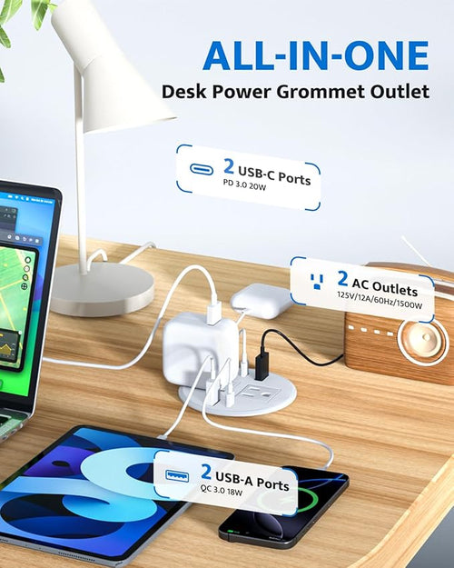 3 inch Recessed Power Grommet with AC Outlets, 20W USB C Fast Charging Conference Recessed Outlet, 40W Total, Flush Mount for Desk,Office Tables,Furniture, 4 USB Ports, White