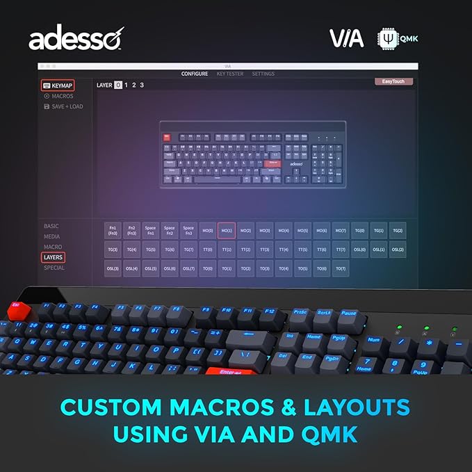 ADESSO Easytouch 1300 Mechanical Keyboard RGB Illuminated Hot Swappable Red Switches Wired Wireless Bluetooth Gaming Keyboard with Copilot AI Hotkey for Windows Mac