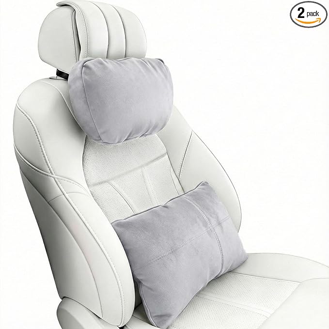 2PCS Car Pillow for Car Neck Pillow for Driving Seat Lumbar Support Soft Cushion with Extra Filling Accessories Back Support for Travel Nap and Trips Sleeping (Grey, Head and Lumbar)