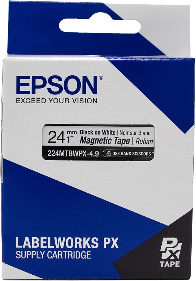 Epson LABELWORKS 224MTBWPX-4.9 Genuine Magnetic Tape Cartridge - Black on White Magnet Label Maker Tape - 1" (24MM) Wide, 4.9 ft, White