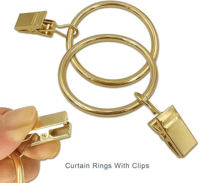 LLPJS 40 Pack Metal Curtain Rings with Clips, Curtain Clip Rings Hooks for Hanging Drapery Drapes Bows, Curtain Rod Rings 1.5 inch Interior Diameter, Gold