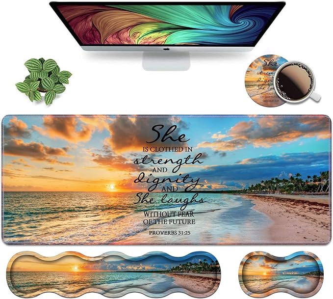 Ergonomic Keyboard Wrist Rest & Mouse Pad Wrist Rest Set, Large XXL Gaming Desk Mat 31.5"x 11.8", Non-Slip Base, Memory Foam, Easy Typing Pain Relief for Office & Home, Bible Verses Proverbs 31:25