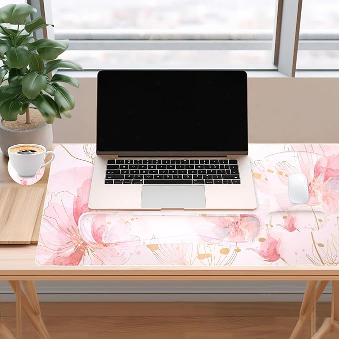 MOSISO Desk Mat Keyboard Mouse Pad Set, Large Gaming Mouse Pad&Keyboard Wrist Rest&Mousepad with Wrist Rest&Coaster, Ergonomic Non-Slip Home Office Mousepad with Memory Foam, Pink
