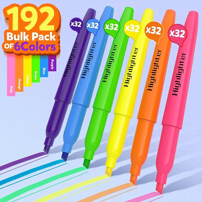 ZERDROFY 192 Count Highlighters Assorted Colors Bulk - No Bleed Dry-Quickly Chisel Tip 6 Colors Highlighter Markers Set for Kids Adults, Classroom Office Must Have, Back to School Supplies for Teacher