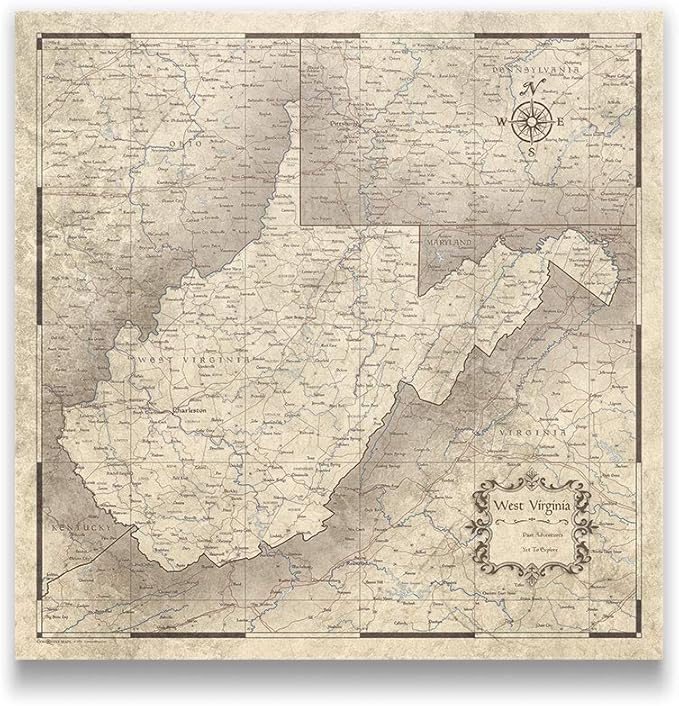 Conquest Maps Push Pin West Virginia Map Board - With Push Pins to Mark West Virginia Travel - Handmade in Ohio, USA - Design: Rustic Vintage