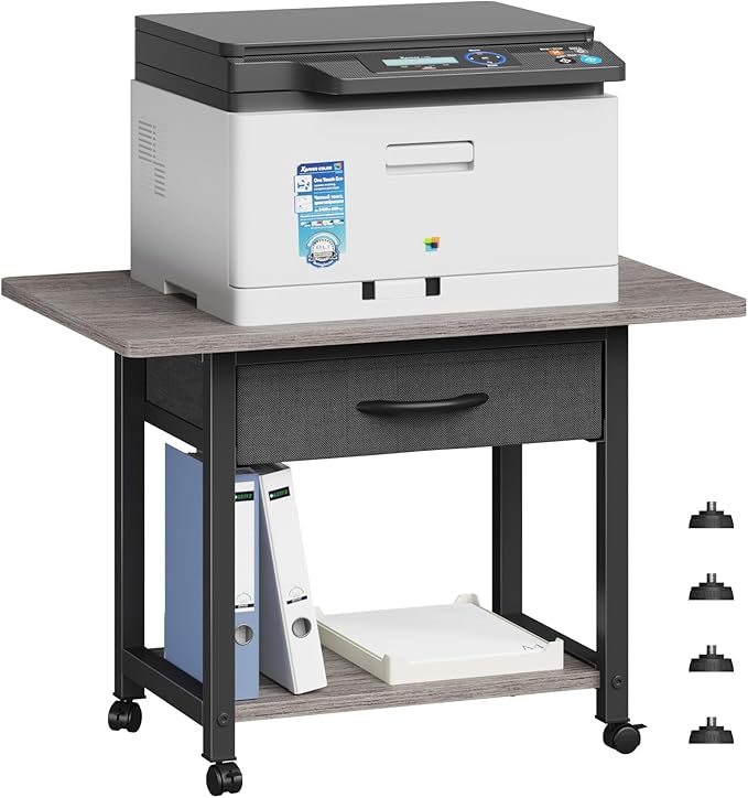 YAOHUOO 22"x15" Large Printer Stand with Storage Drawer, 2-Tier Under Desk Printer Table for Home Office, Printer Cart fit Fax Machine/3D Printer/Scanner(Gray)