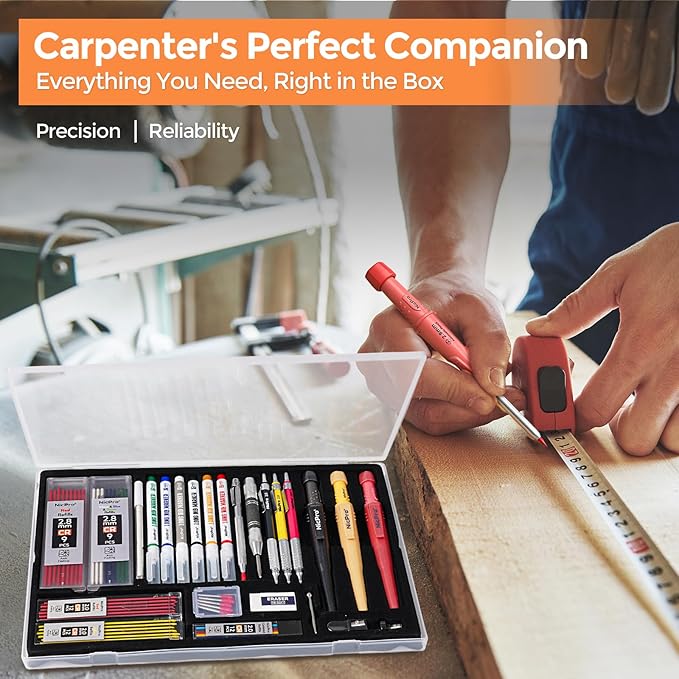 Nicpro 36PCS CP3000 Mechanical Carpenter Pencil Set with Sharpener & Sheath, Lead Refills, Long Nib Marker, Center Punch, Carbide Scribe Tools, Heavy Duty Construction Pencil for Architect Woodworking