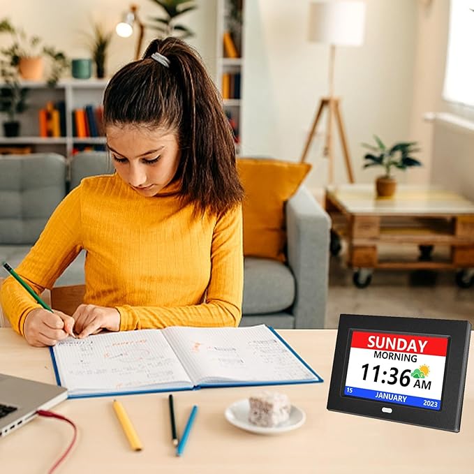 7 Inch Digital Clock with Day and Date for Elderly Alzheimer's Clock Customizable Alarms 3 Display Modes Large Font Alarm Clock for Seniors Auto DST Black