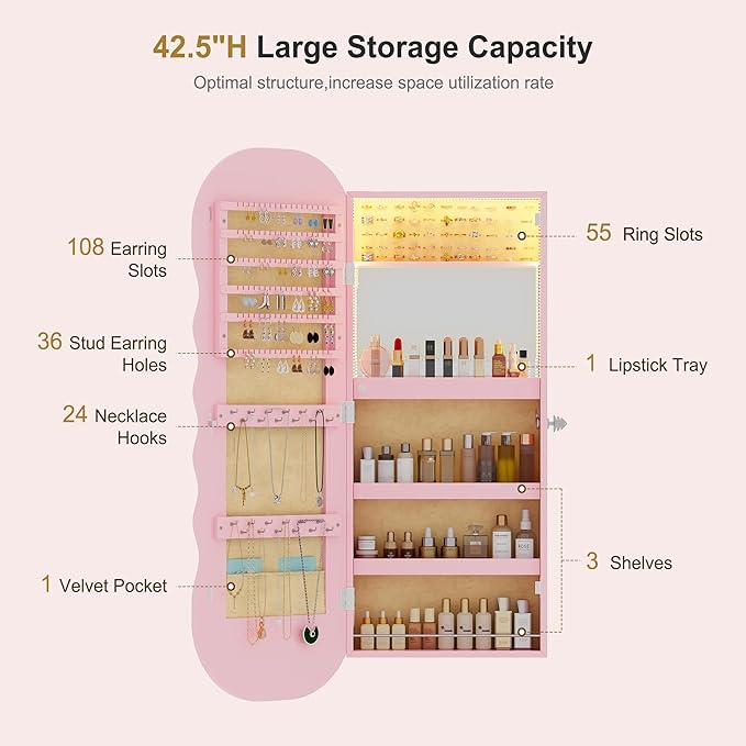 HNEBC LED Mirror Jewelry Cabinet,Wall or Door Mounted Jewelry Armoire Organizer with Lights,Lockable Wide Wavy Mirror with Storage,42.5" L Full Length Mirror with Jewelry Storage,Interior Mirror