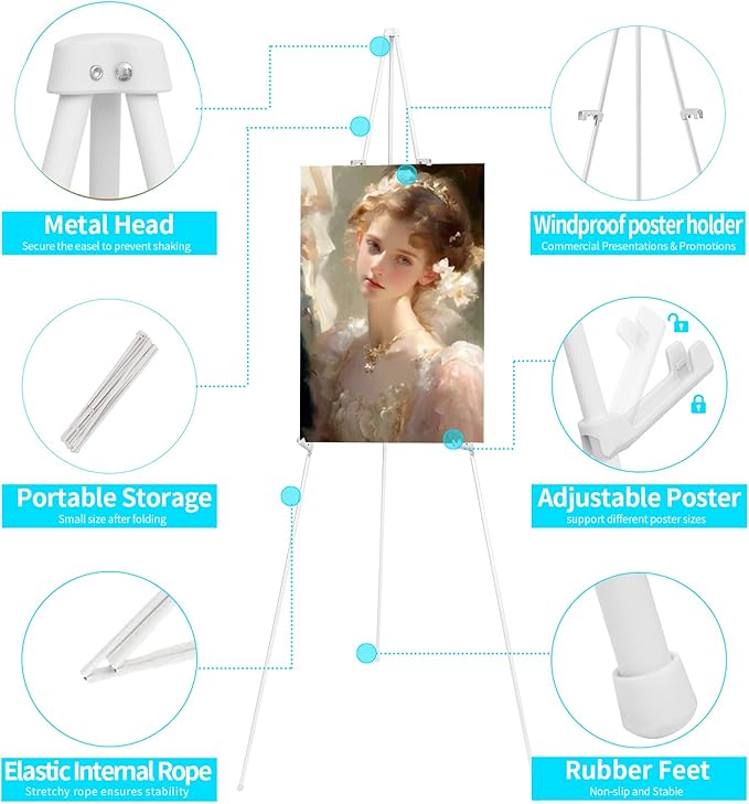 MXG Portable Folding Easel Stand for Painting & Poster Display, 66" Adjustable Height Art Easel for Adults Sturdy Metal Sign Holder Stand for Wedding, Office, Classroom & Outdoor (White)