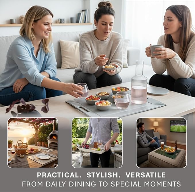 PLACEsMAT 2-in-1 Faux Leather Placemat & Serving Tray | Reversible Design, Lays Flat & Easy to Clean | Ottoman Food Tray, Perfect Housewarming Gift, 18” x 14” (Blue & Taupe, Set of 4)