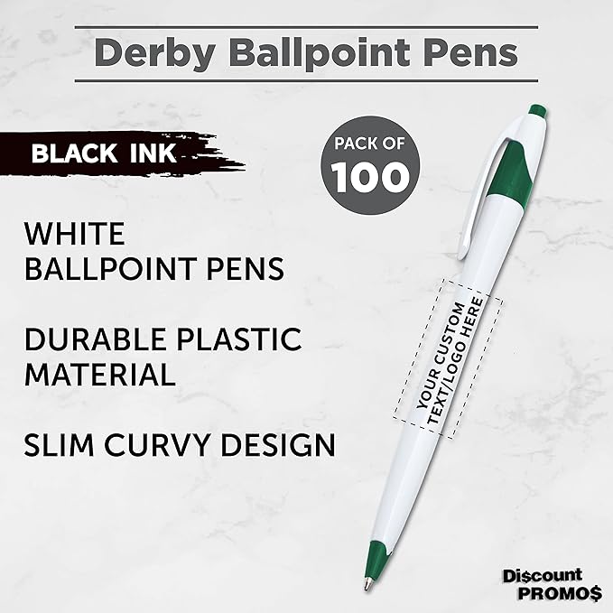 DISCOUNT PROMOS Custom Slim Curvy Ballpoint Pens Set of 100, Personalized Bulk Pack - Black Ink, Retractable, Great for Office, School, Tradeshows - Green