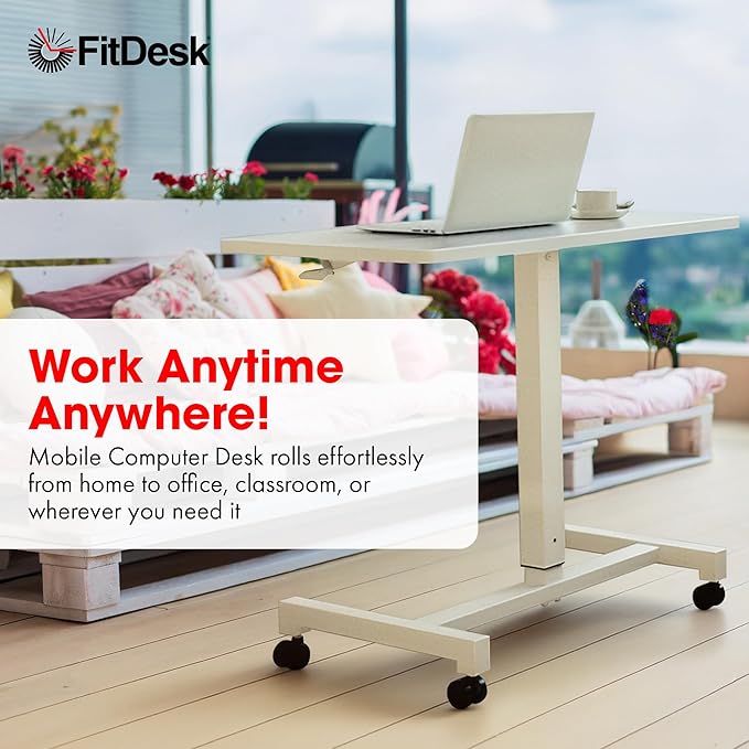 FitDesk Portable Laptop Desk, Rolling Standing Workstation Adjustable Height, Compact Standing Table with Large Surface, Small Stand Desk for Home Office, 30 lb Weight Limit – White, 27" Tabletop