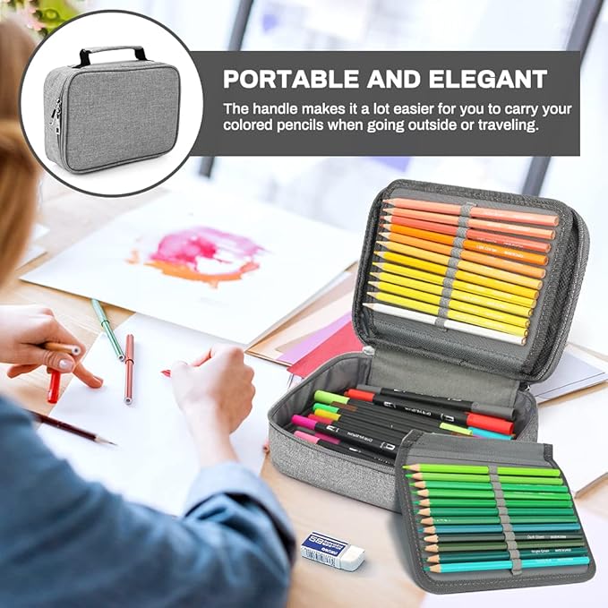 Large Capacity Pencil Case, 72 Slots Colored Pencil Pouch Bag Portable Pencil Holder Stationery Organizer with Compartments for Office and Travel, Grey
